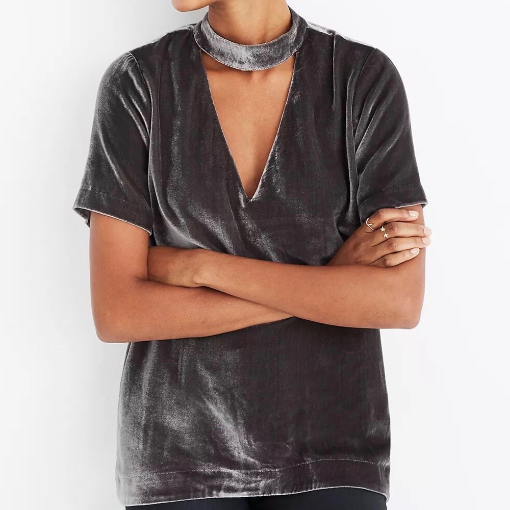 Madewell Velvet Silk Choker Cutout Keyhole Back Short Sleeve Top Size Small - Picture 1 of 11